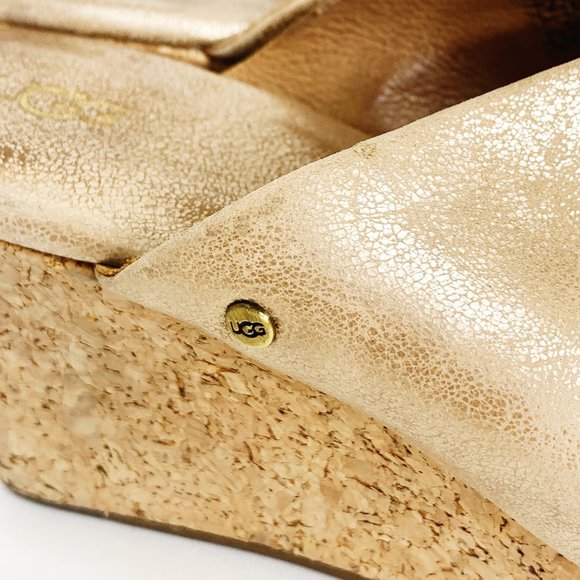 UGG Metallic Gold Cork Wedge Sandals Heel Peep Toe Women's Size 6 - Picture 2 of 11